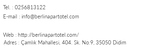 Berlin Apart Hotel telefon numaralar, faks, e-mail, posta adresi ve iletiim bilgileri